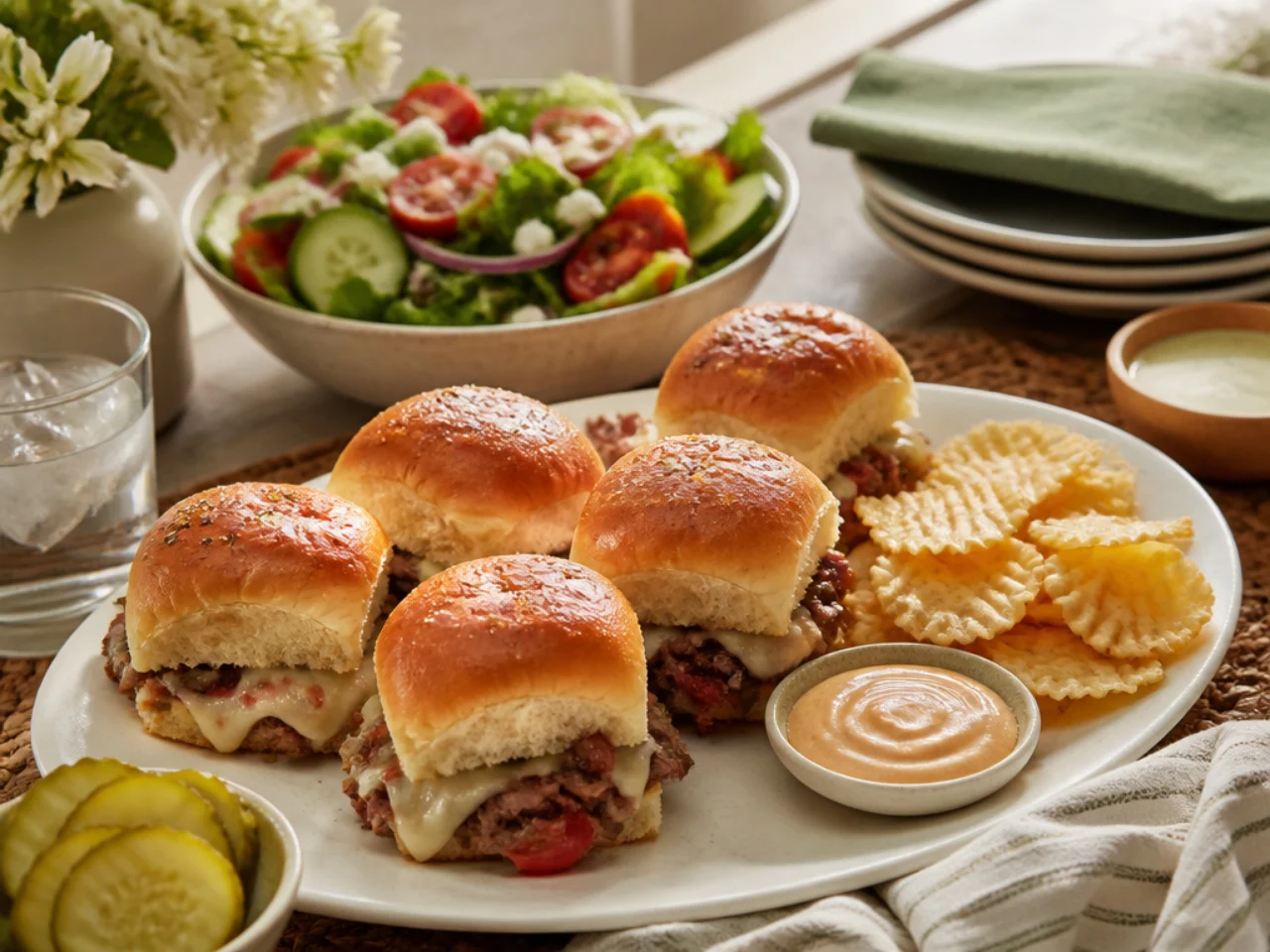 Hawaiian roll sliders served with potato chips, a crisp salad, pickles and dipping sauces