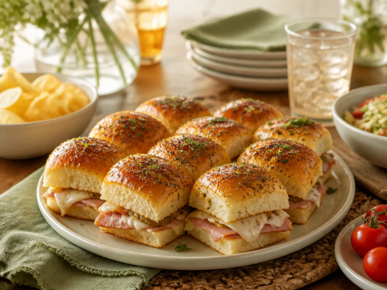 Hawaiian roll sliders served family-style on a cozy table