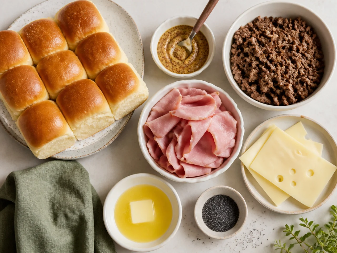Fresh ingredients for Hawaiian roll sliders arranged in bowls