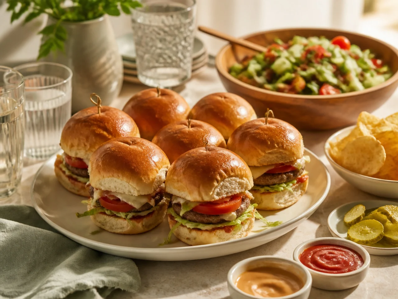 Hawaiian roll sliders served with potato chips, a crisp salad, pickles and dipping sauces