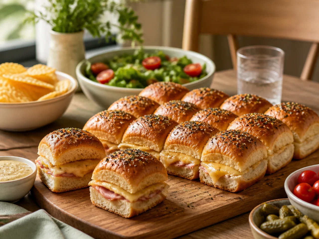 Hawaiian roll sliders served family-style on a cozy table