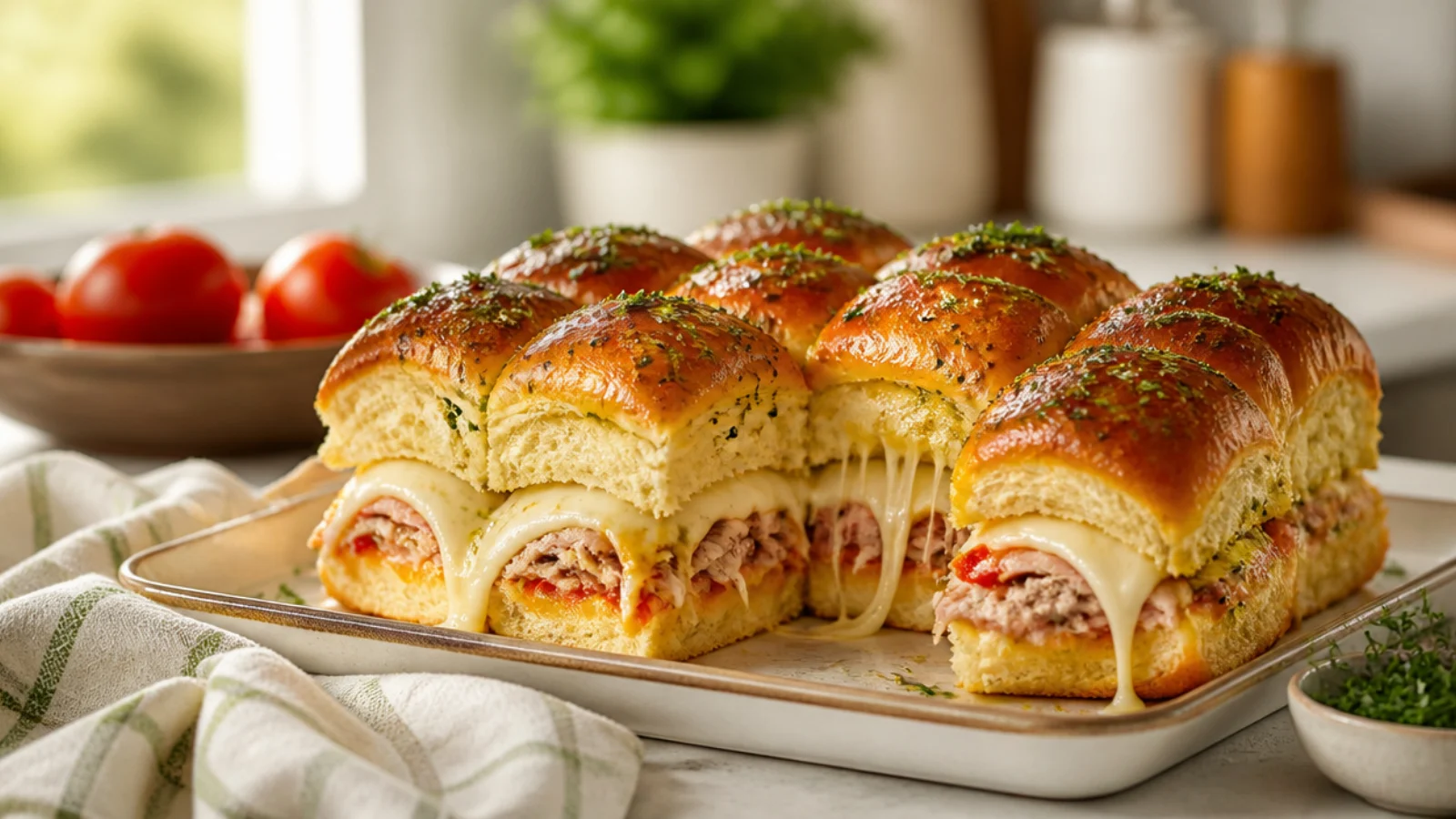 Ham and Cheese Hawaiian Roll Sliders to Love — Hawaiian roll sliders plated and ready to serve