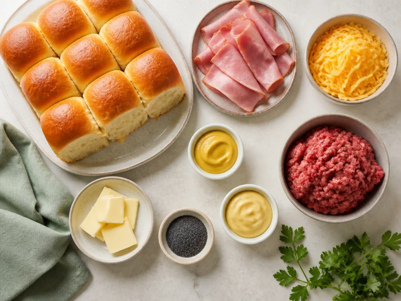 Fresh ingredients for Hawaiian roll sliders arranged in bowls