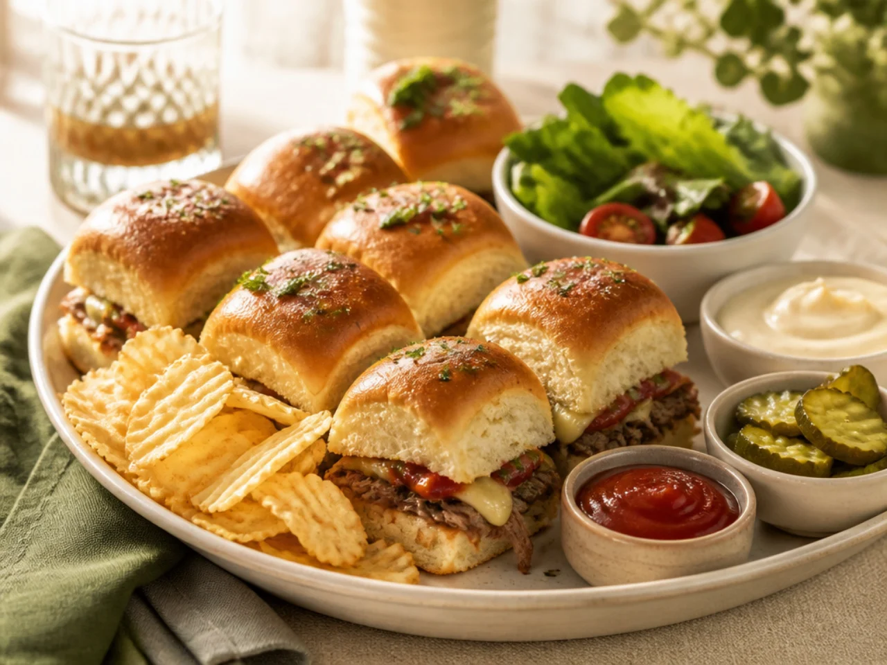 Hawaiian roll sliders served with potato chips, a crisp salad, pickles and dipping sauces