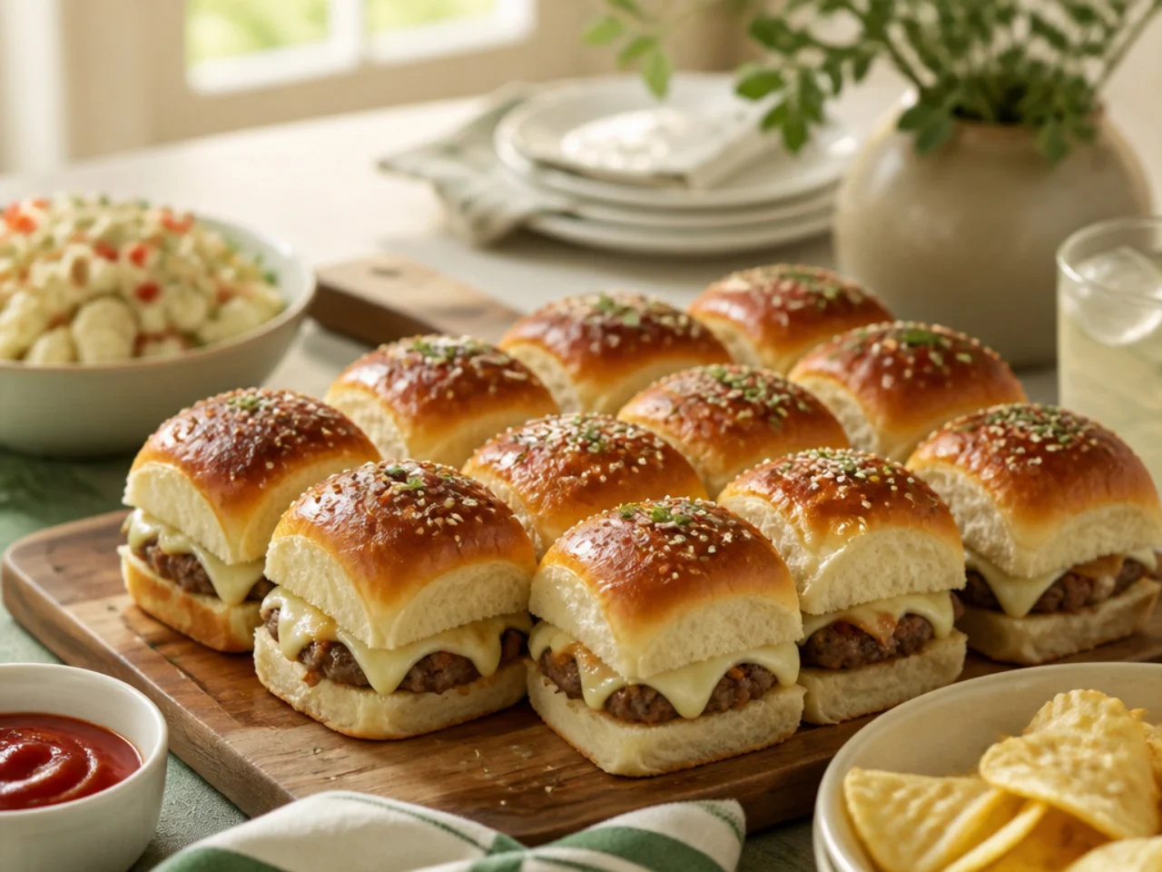 Hawaiian roll sliders served family-style on a cozy table