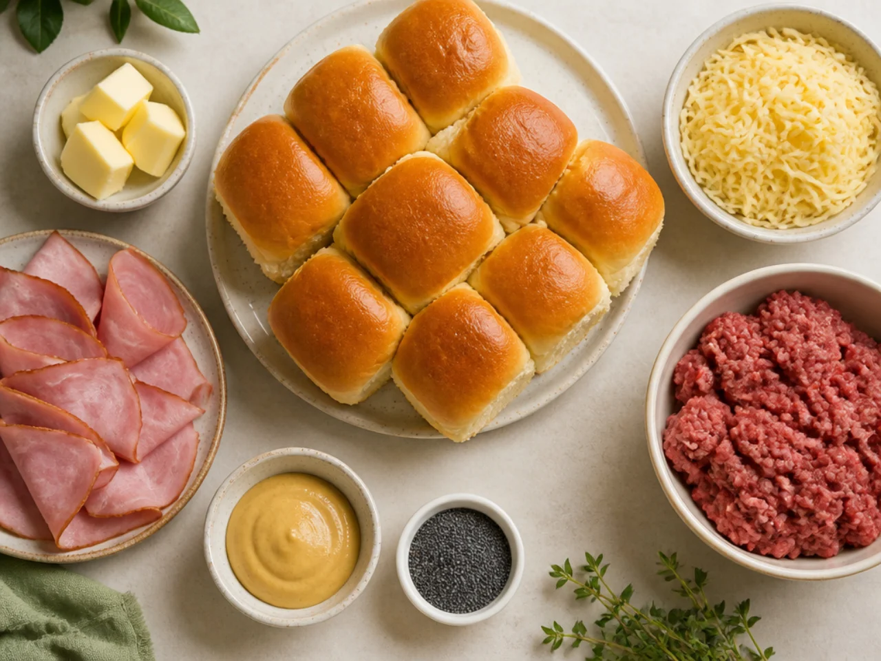 Fresh ingredients for Hawaiian roll sliders arranged in bowls
