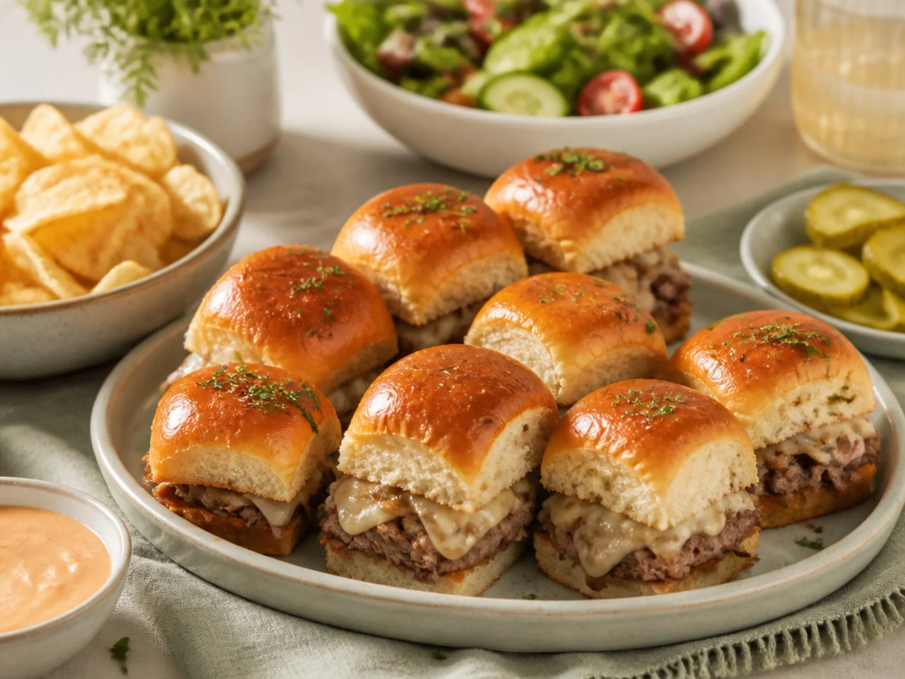 Hawaiian roll sliders served with potato chips, a crisp salad, pickles and dipping sauces