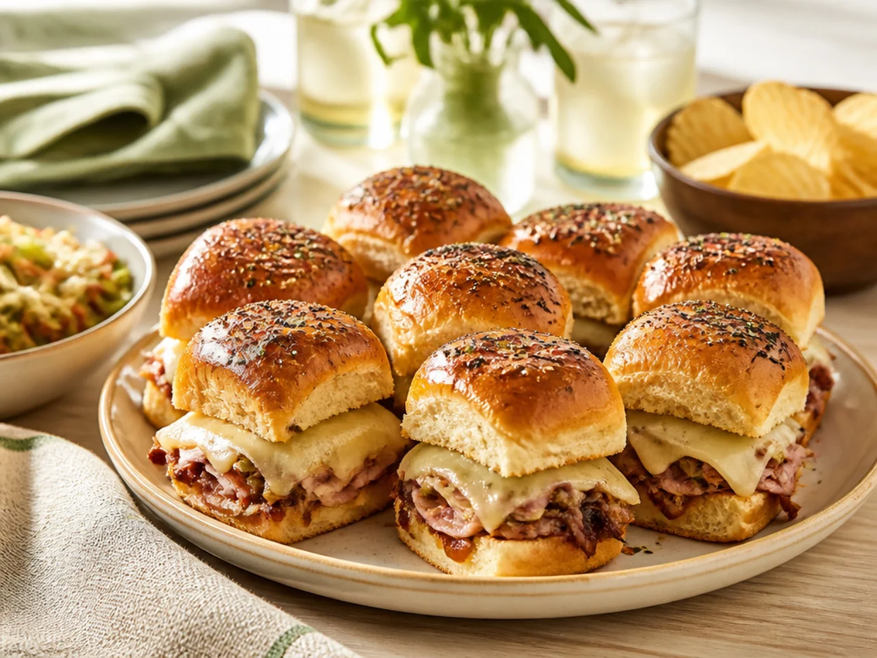 Hawaiian roll sliders served family-style on a cozy table
