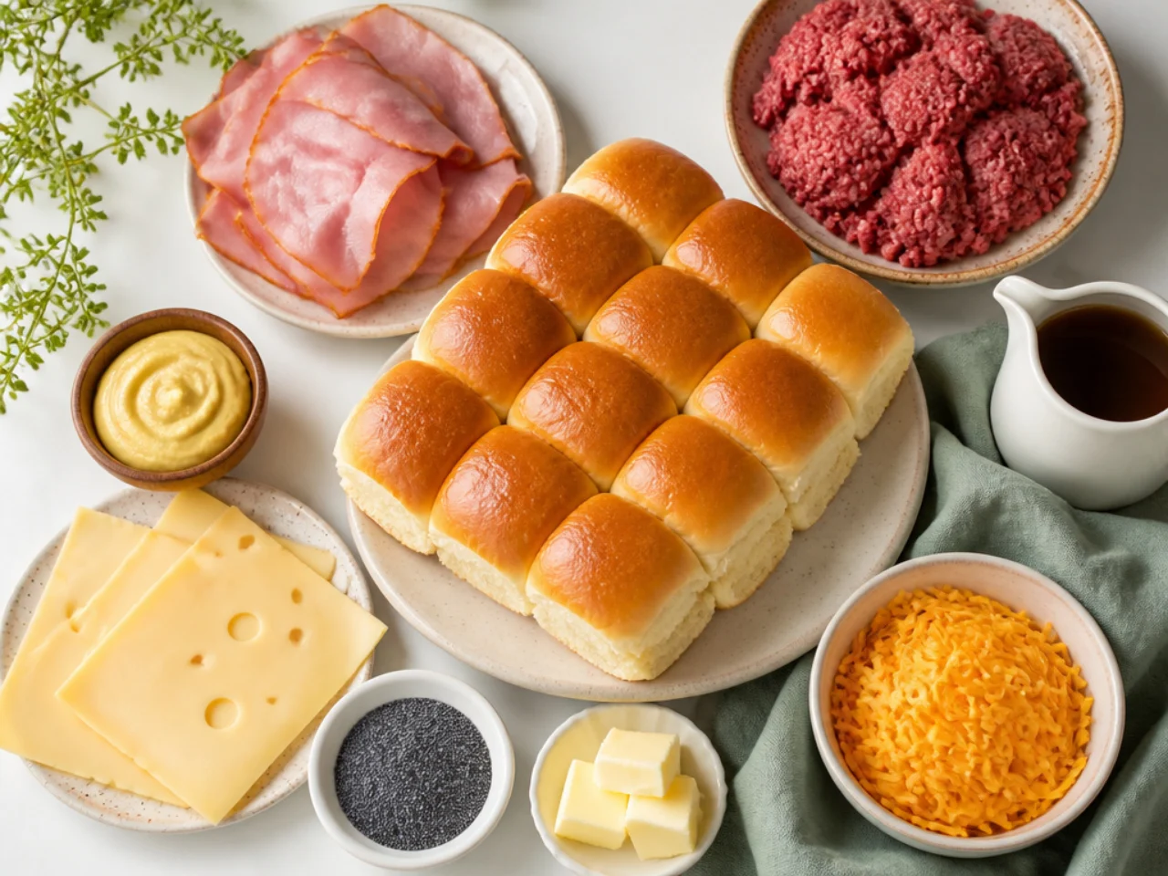 Fresh ingredients for Hawaiian roll sliders arranged in bowls