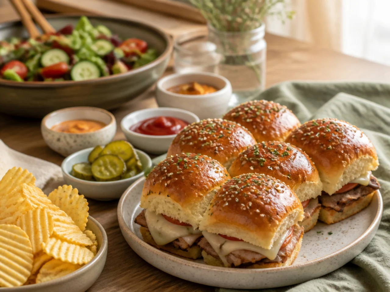 Hawaiian roll sliders served with potato chips, a crisp salad, pickles and dipping sauces