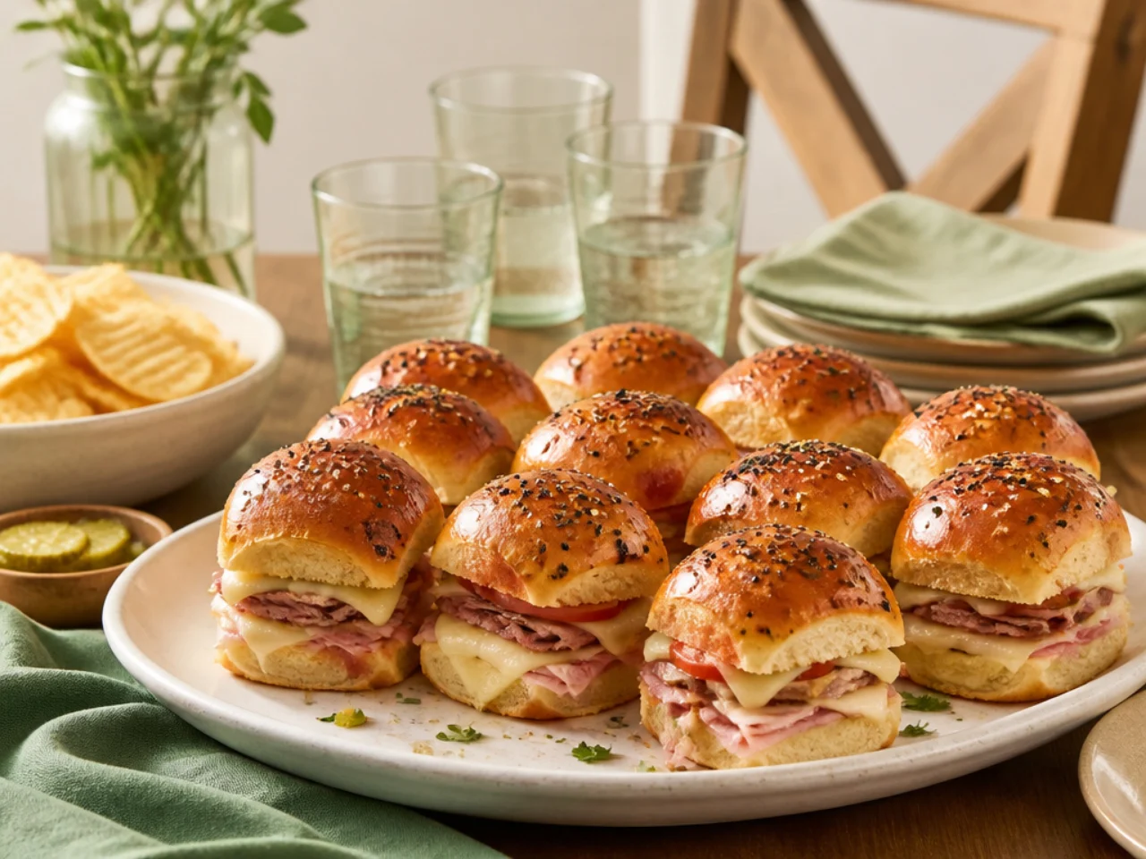 Hawaiian roll sliders served family-style on a cozy table