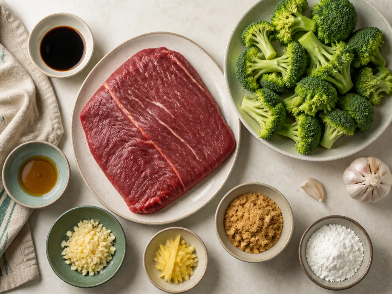 Fresh ingredients for beef and broccoli arranged in bowls