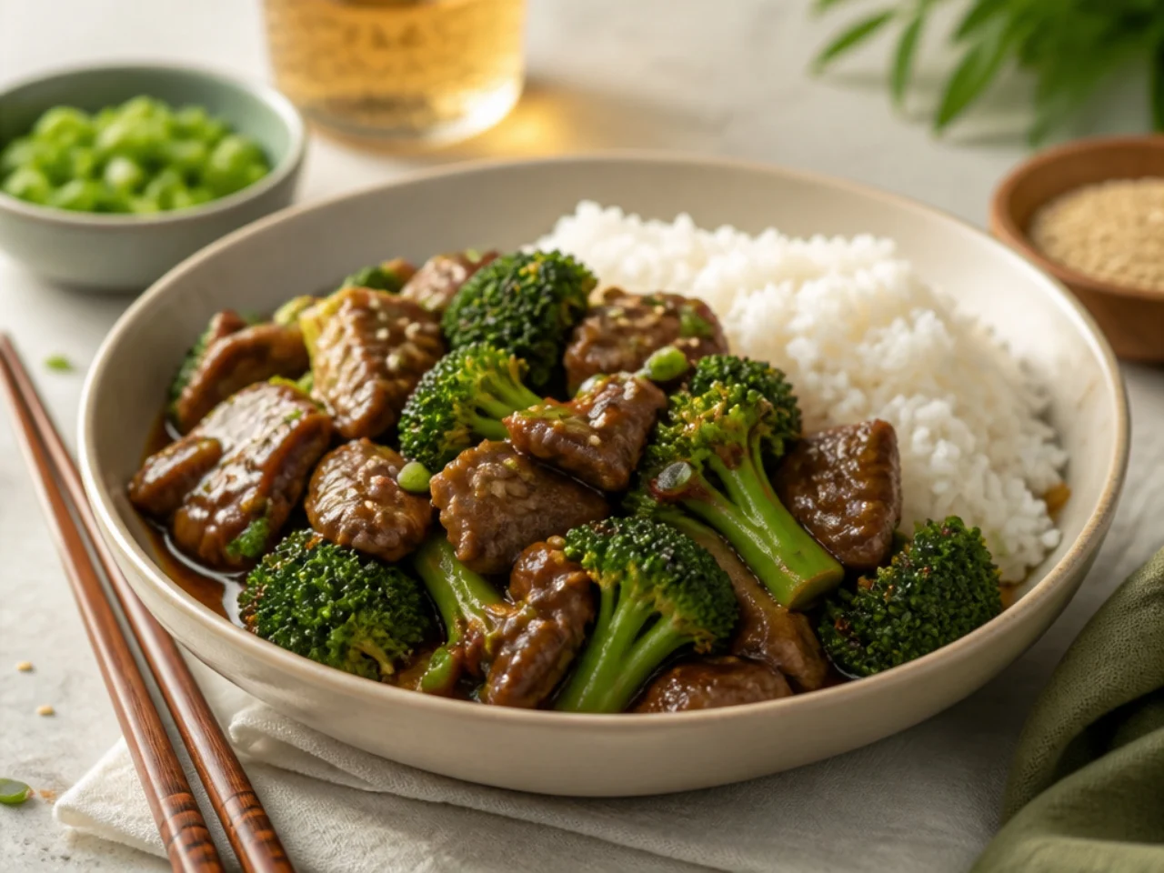 beef and broccoli served with steamed jasmine rice, fried rice, lo mein or egg rolls