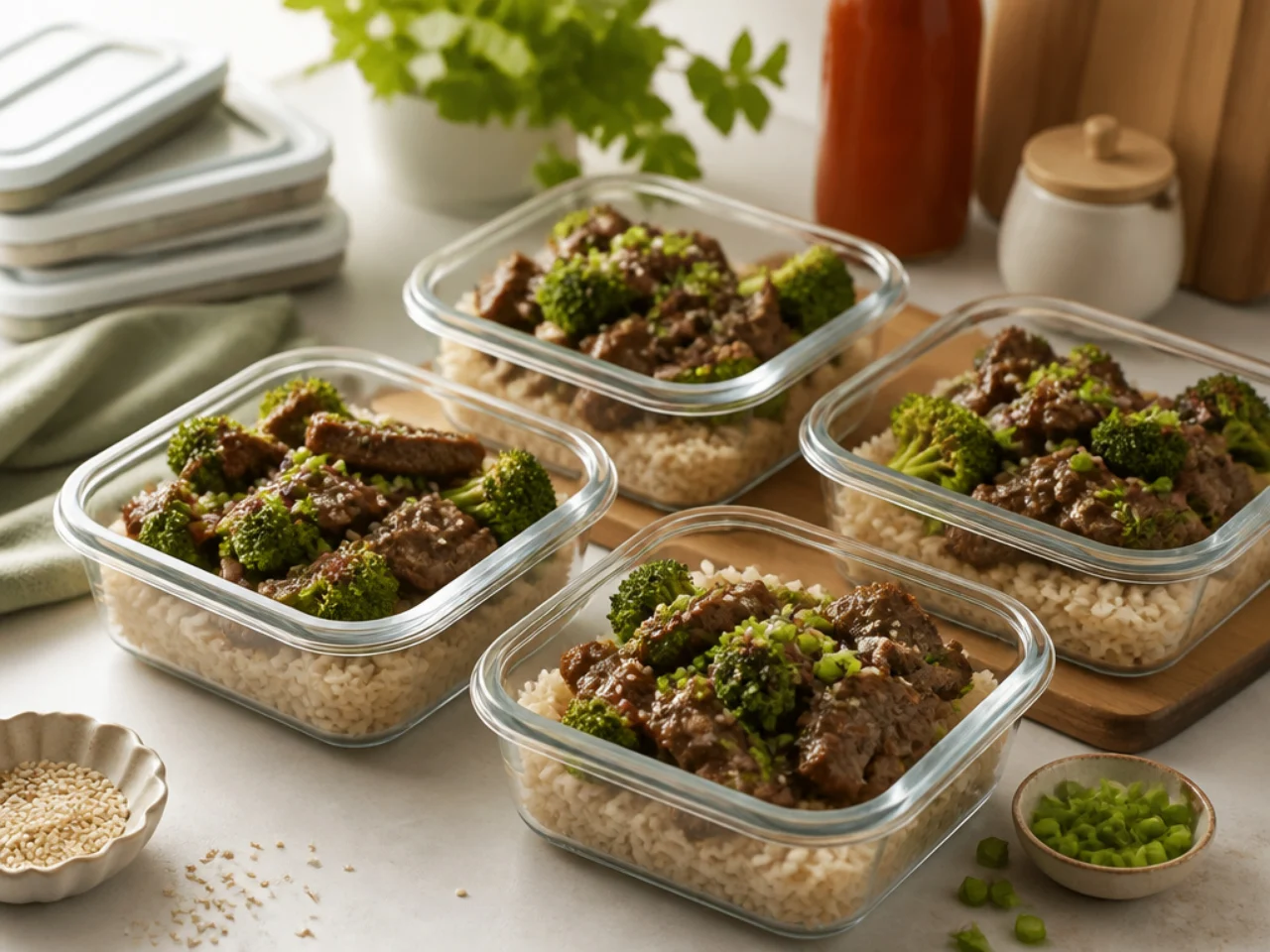 Make-ahead storage of beef and broccoli in containers