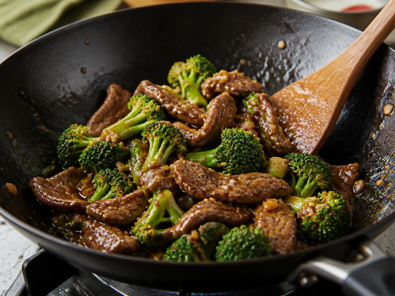 Step-by-step process shot for beef and broccoli
