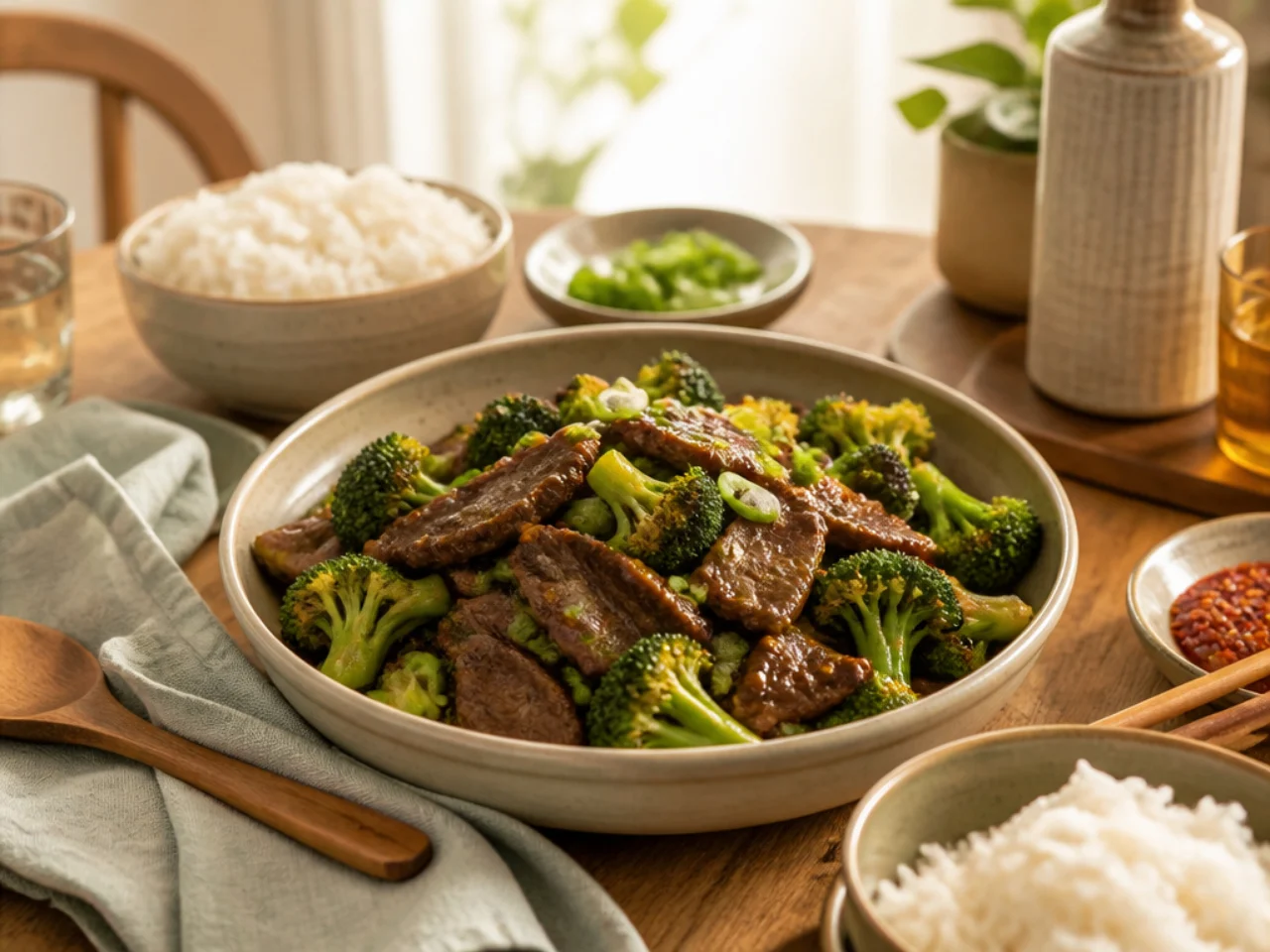 beef and broccoli served family-style on a cozy table