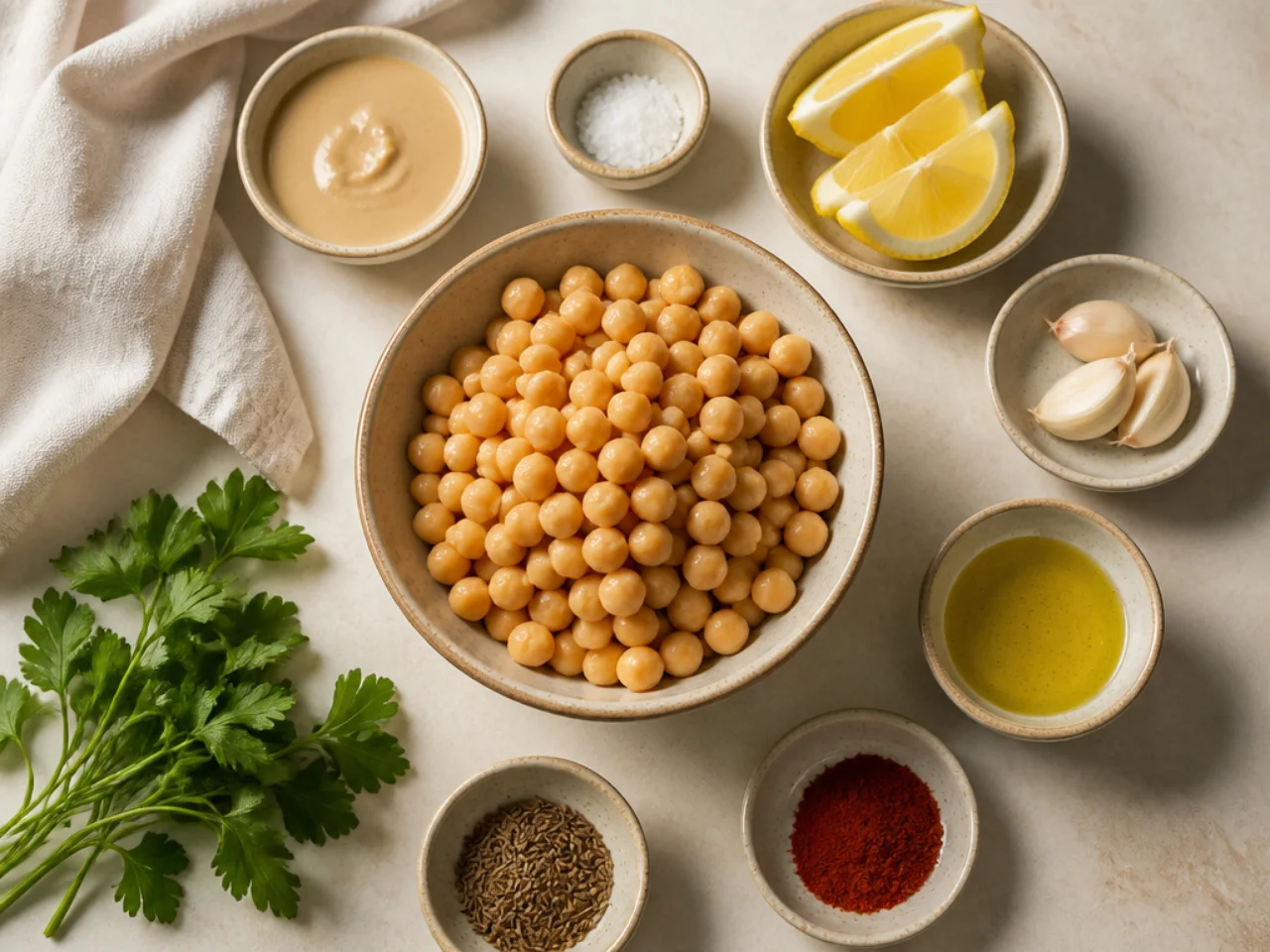 Fresh ingredients for hummus arranged in bowls
