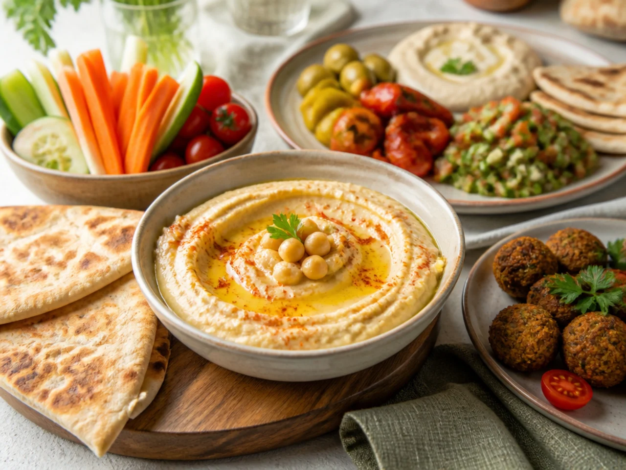hummus served with warm pita, crunchy vegetables, falafel and a mezze platter