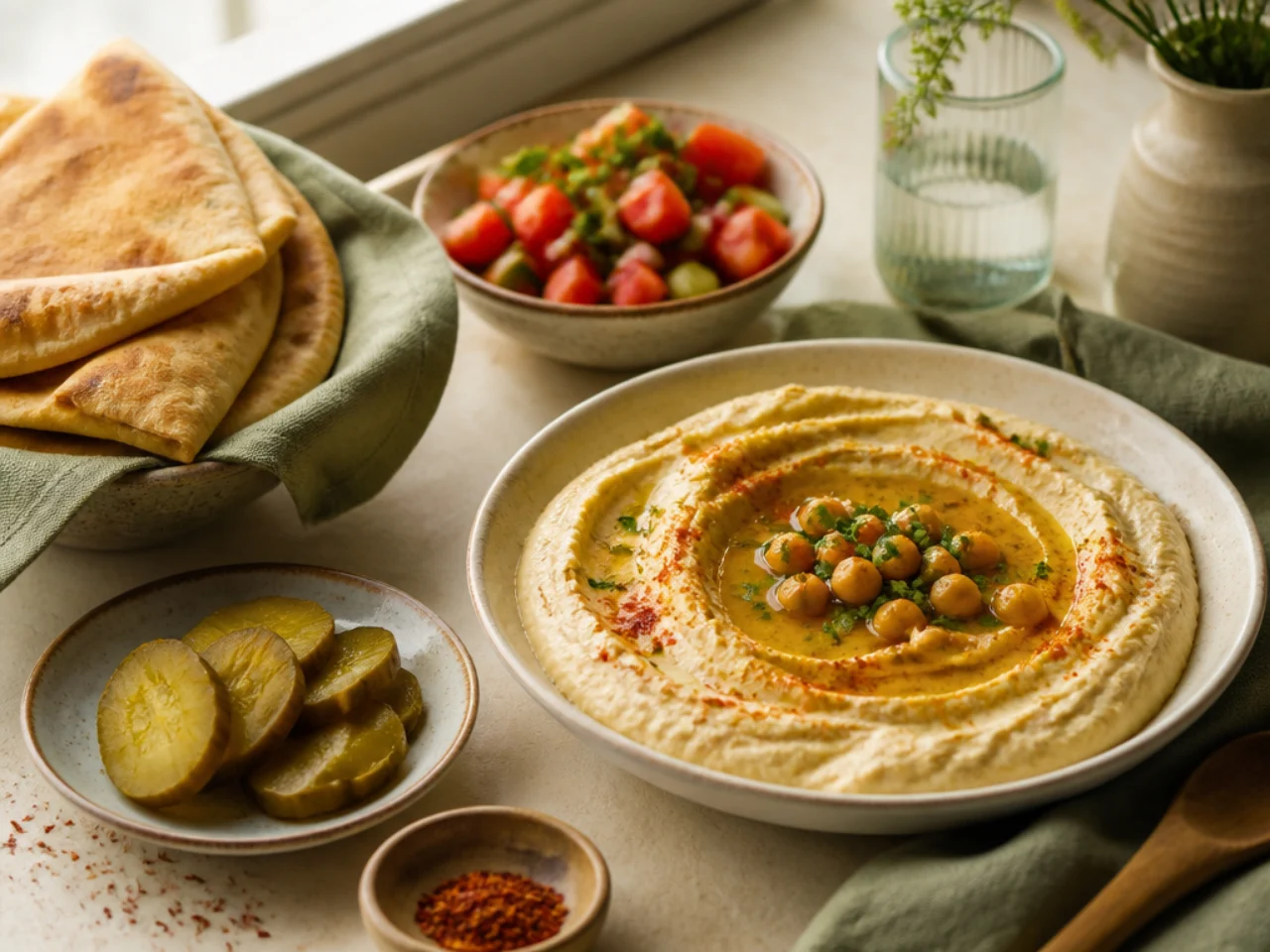 hummus served family-style on a cozy table