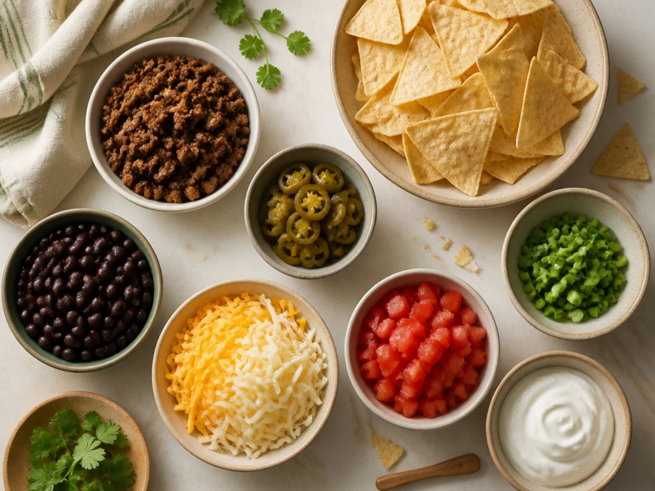 Fresh ingredients for nachos arranged in bowls