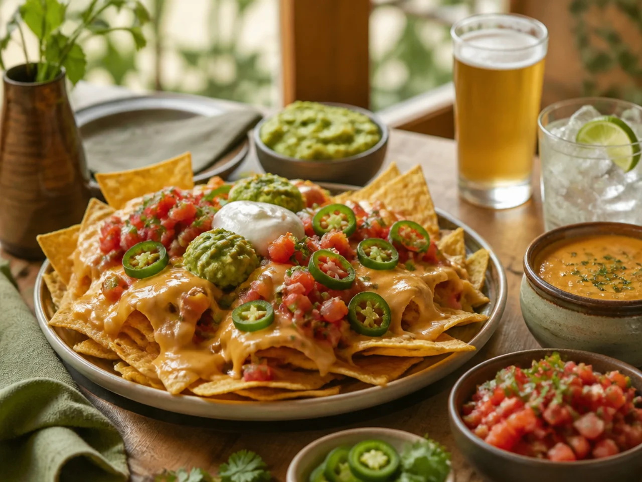 nachos served with fresh salsa, warm queso, guacamole and ice-cold drinks