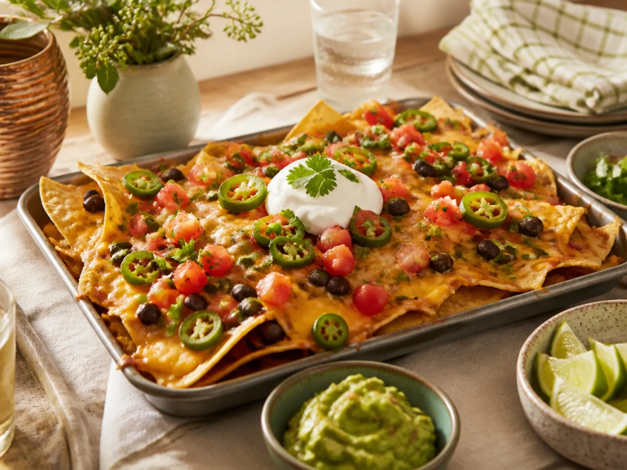 nachos served family-style on a cozy table