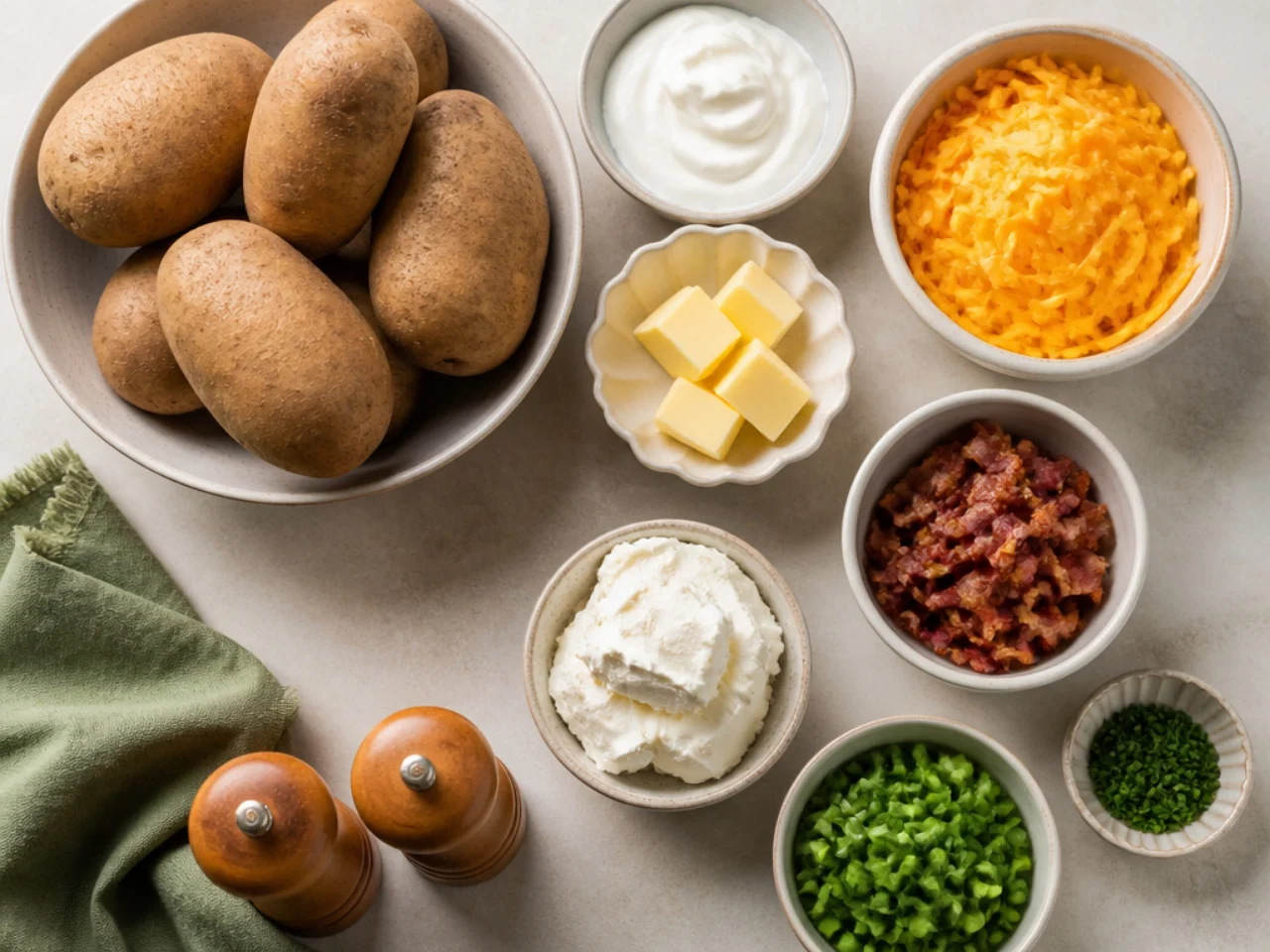 Fresh ingredients for twice baked potatoes arranged in bowls