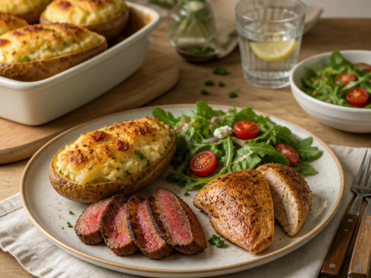 twice baked potatoes served with juicy roast chicken, grilled steak and a crisp green salad