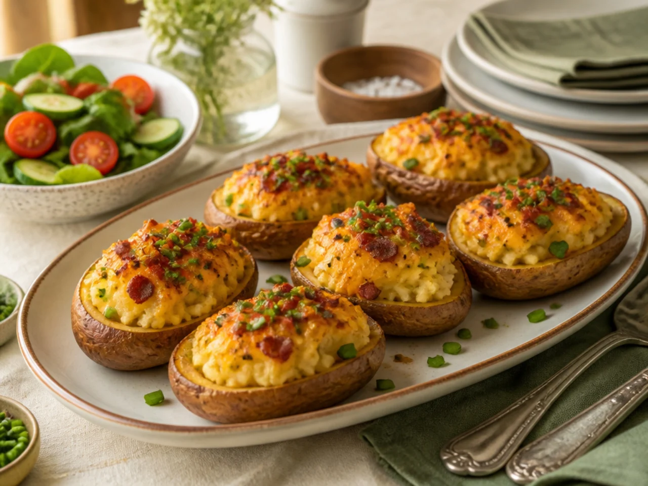 twice baked potatoes served family-style on a cozy table