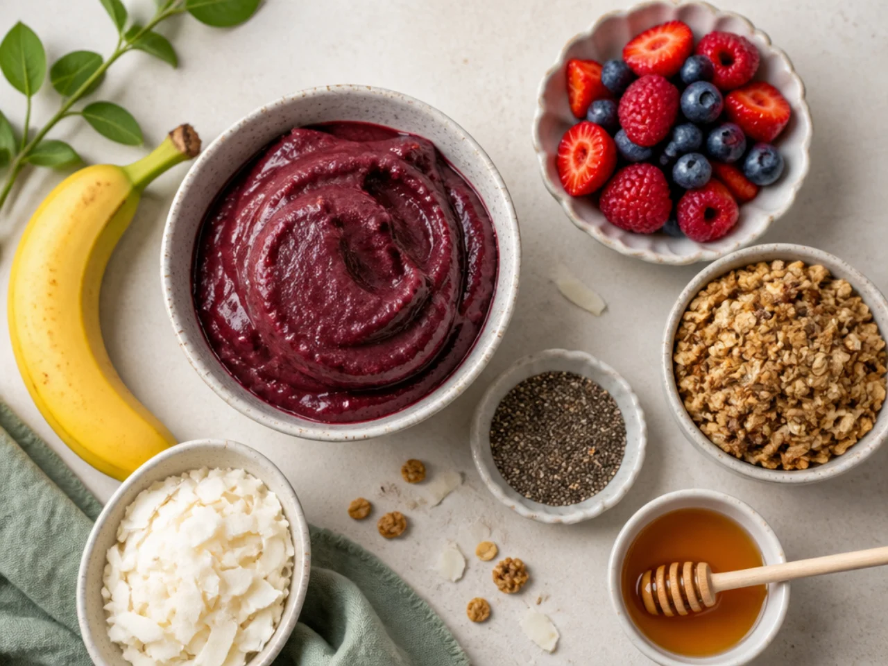 Fresh ingredients for acai bowl arranged in bowls