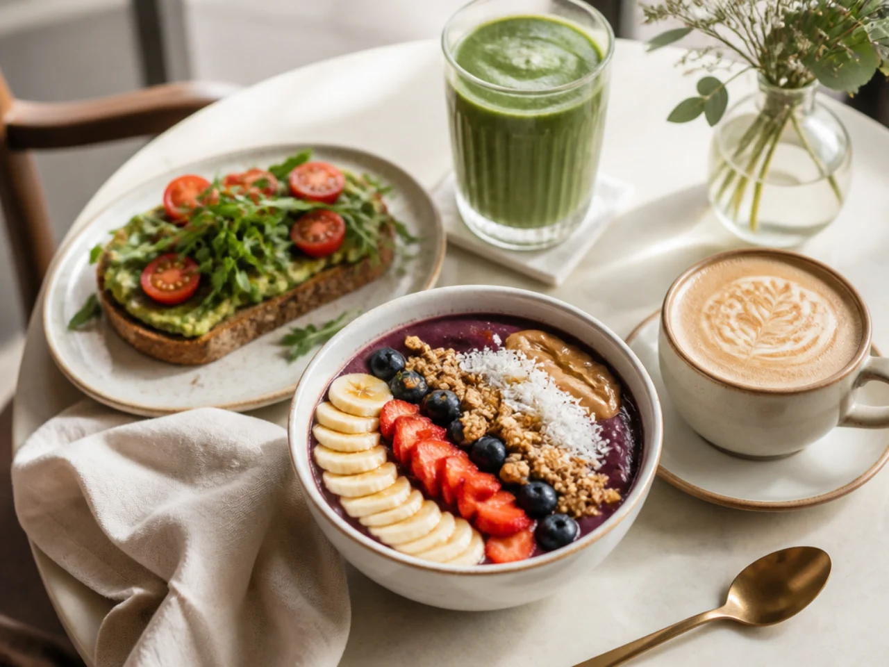 acai bowl served with fresh coffee, a green smoothie or whole-grain toast