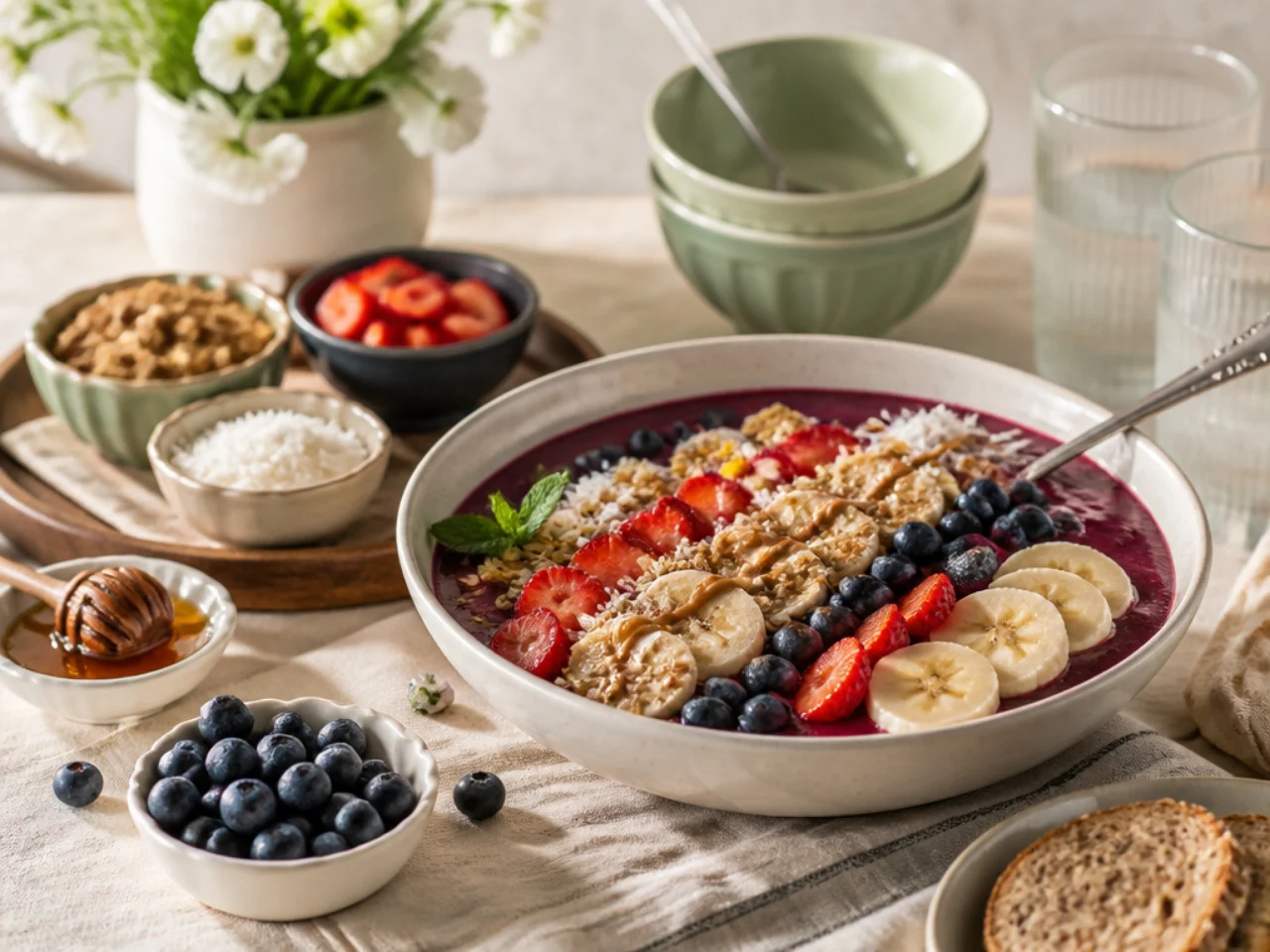 acai bowl served family-style on a cozy table