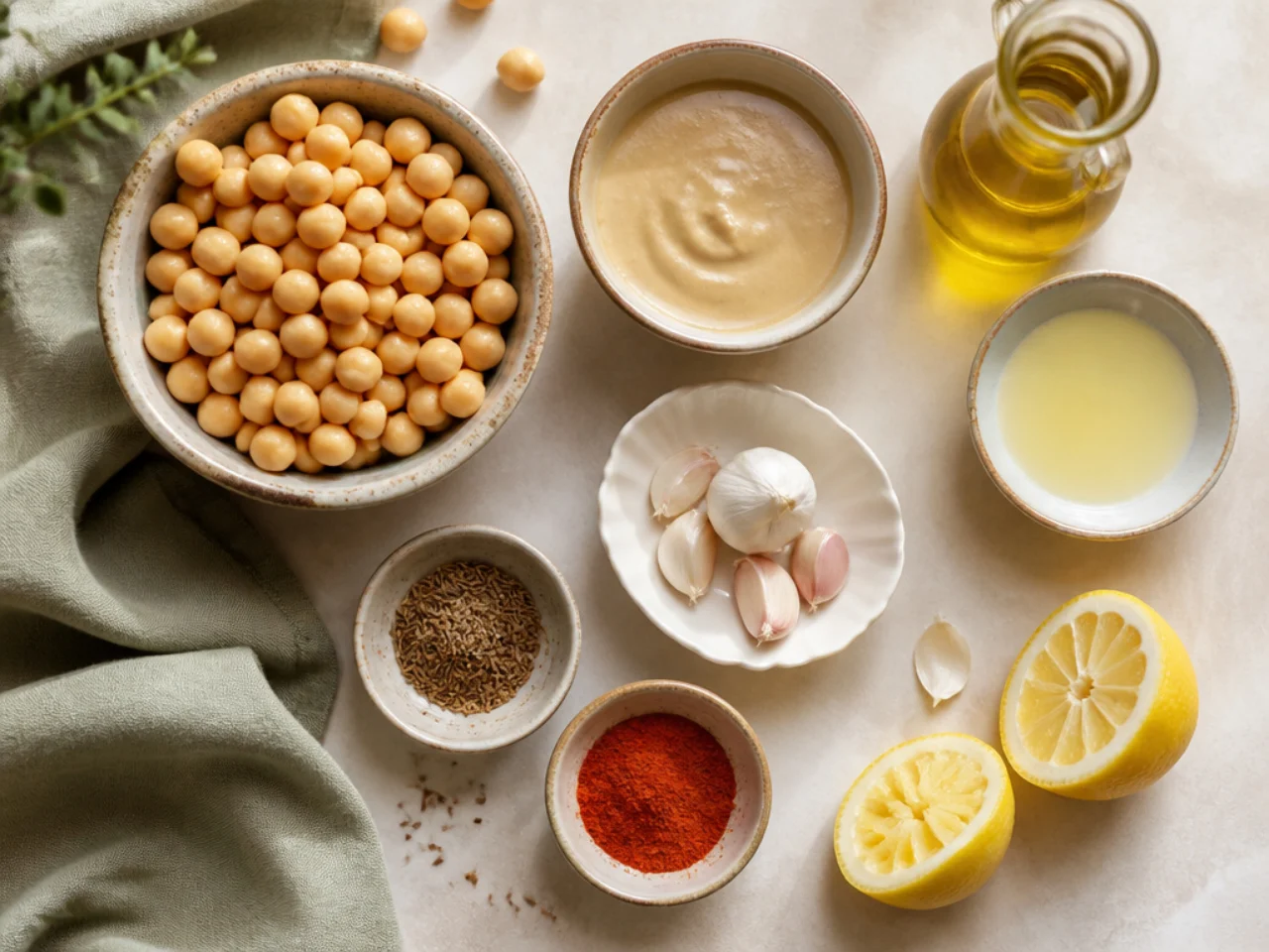 Fresh ingredients for hummus arranged in bowls