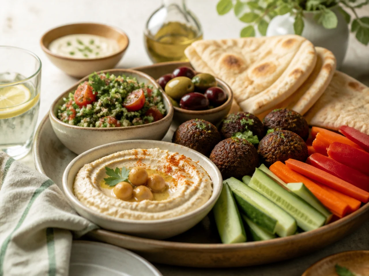 hummus served with warm pita, crunchy vegetables, falafel and a mezze platter