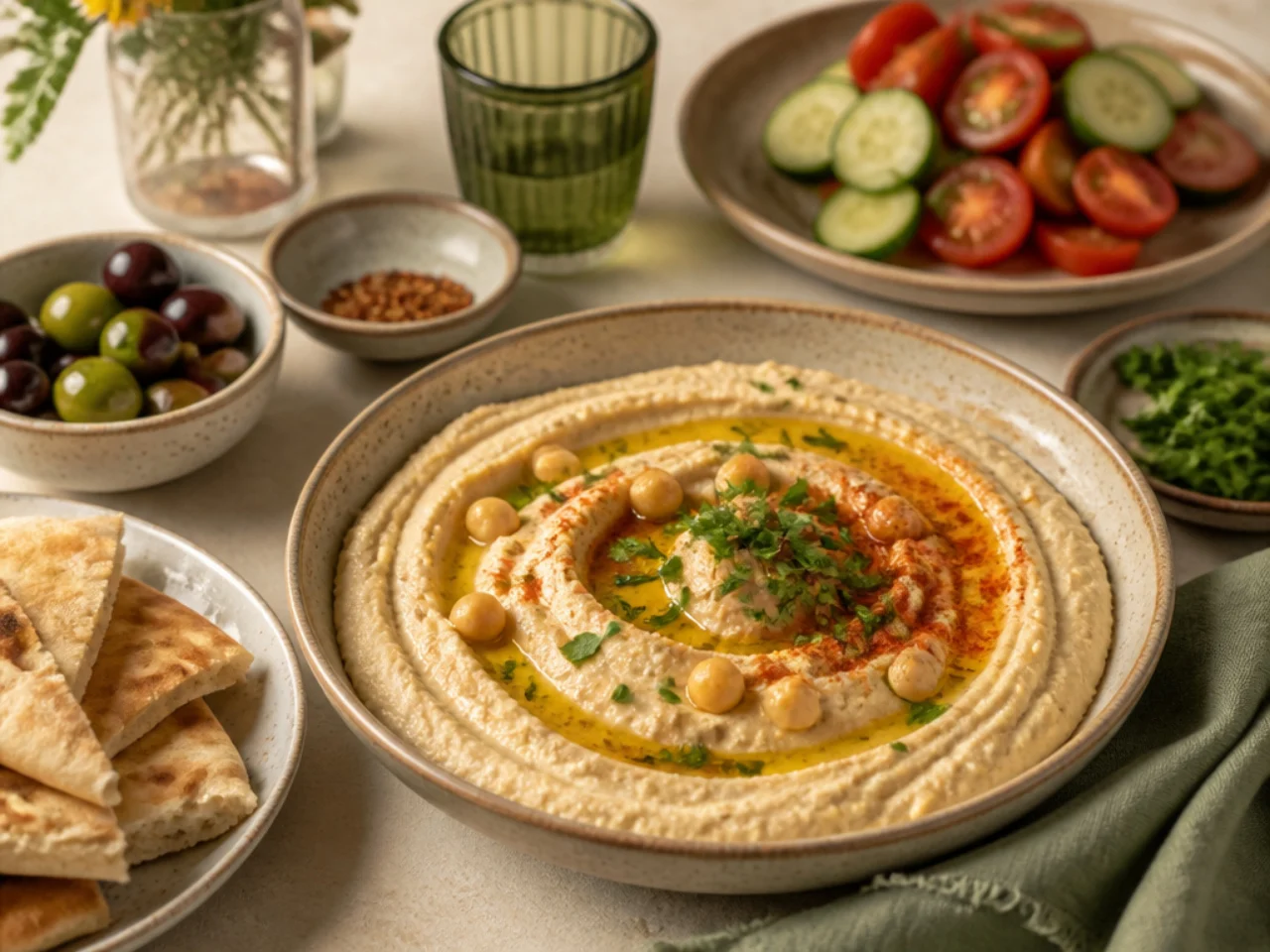 hummus served family-style on a cozy table