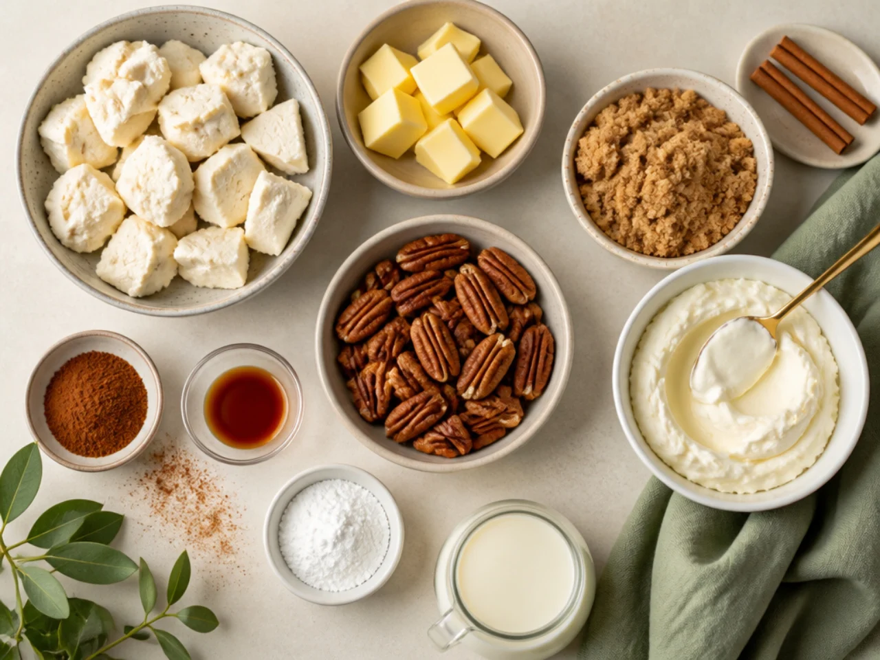 Fresh ingredients for monkey bread arranged in bowls