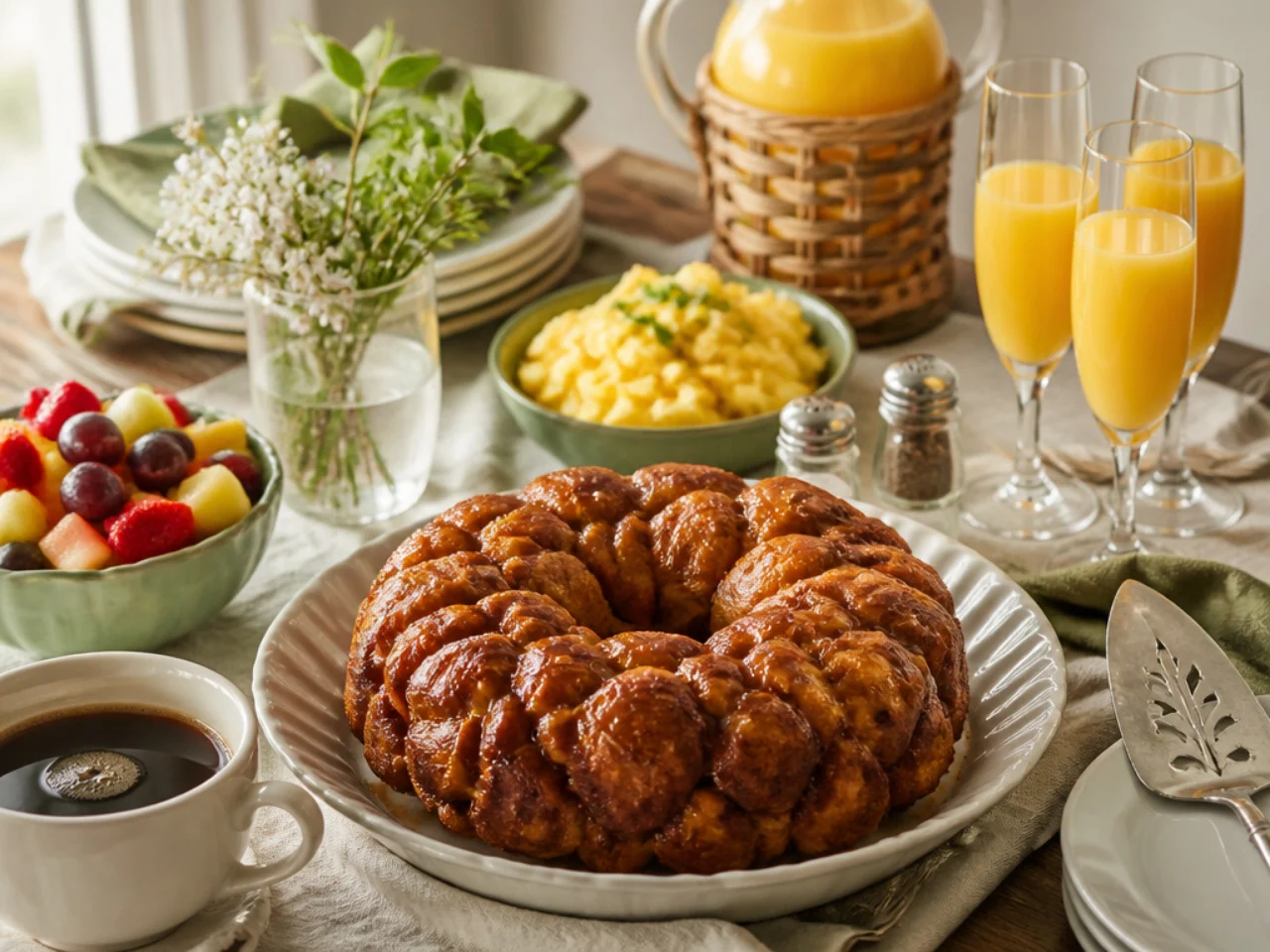 monkey bread served with fresh coffee, scrambled eggs, fruit salad and mimosas