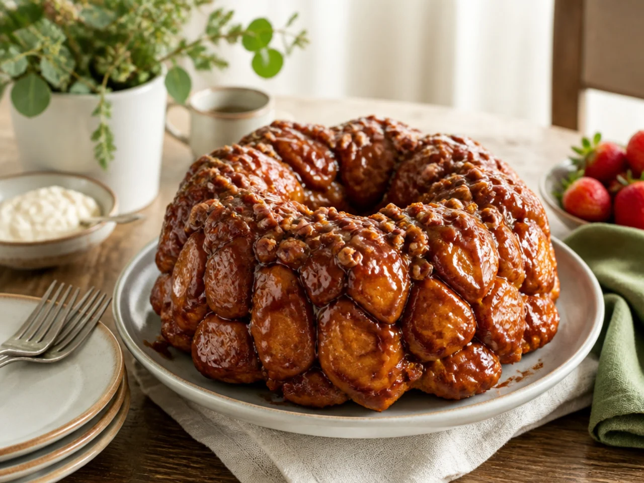 monkey bread served family-style on a cozy table