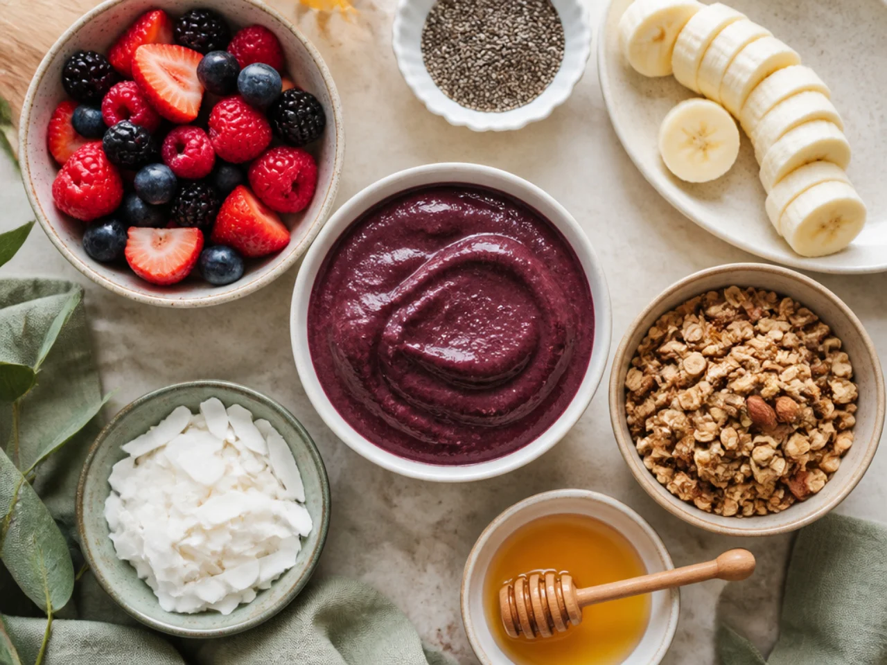 Fresh ingredients for acai bowl arranged in bowls