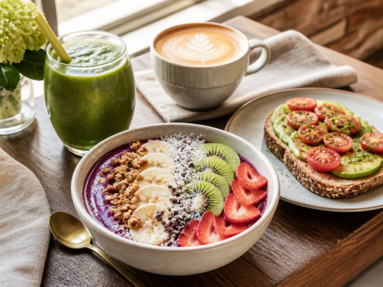 acai bowl served with fresh coffee, a green smoothie or whole-grain toast