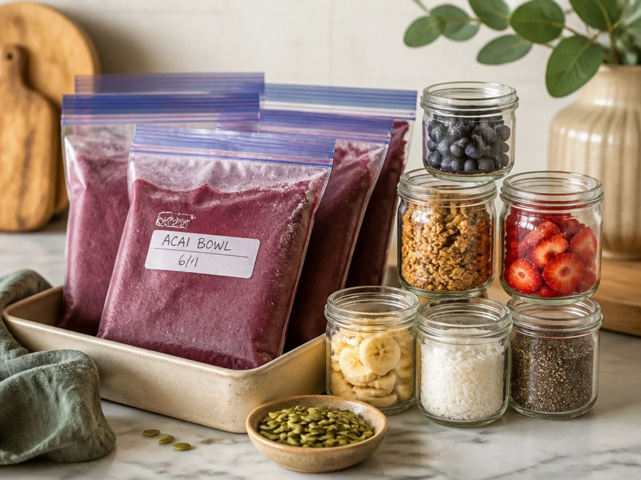 Make-ahead storage of acai bowl in containers