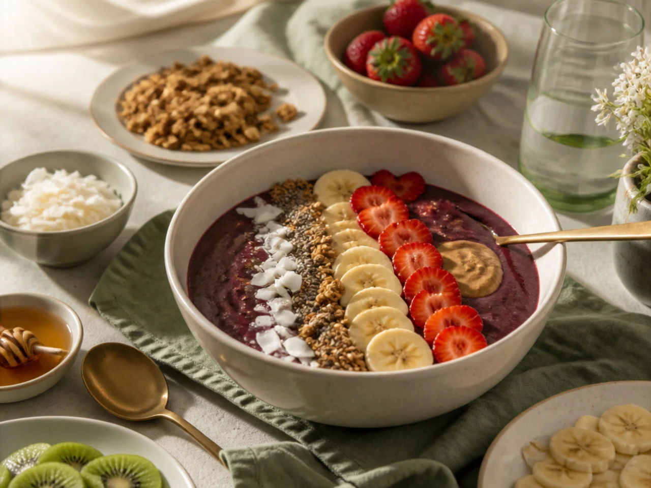 acai bowl served family-style on a cozy table
