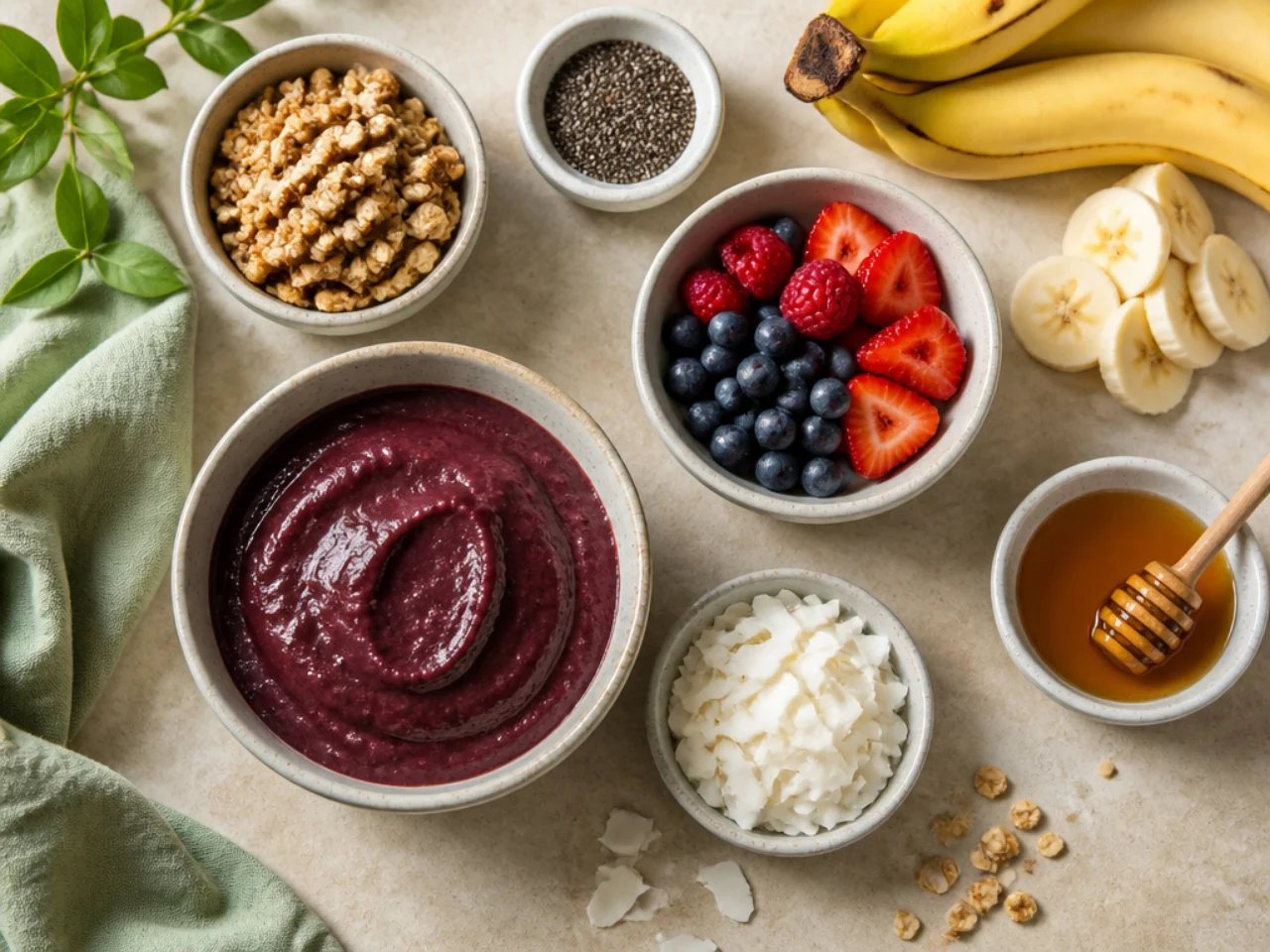 Fresh ingredients for acai bowl arranged in bowls