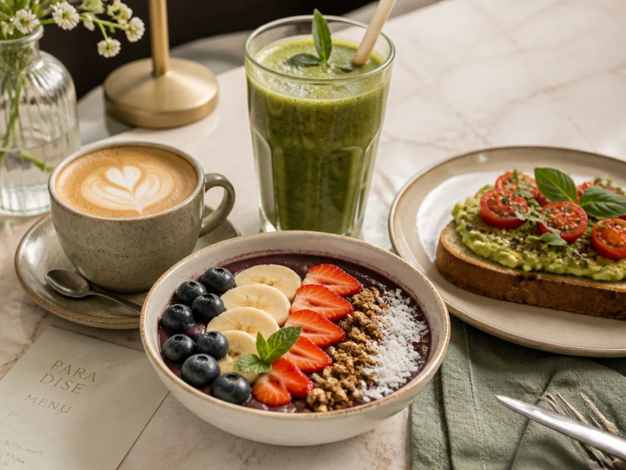 acai bowl served with fresh coffee, a green smoothie or whole-grain toast