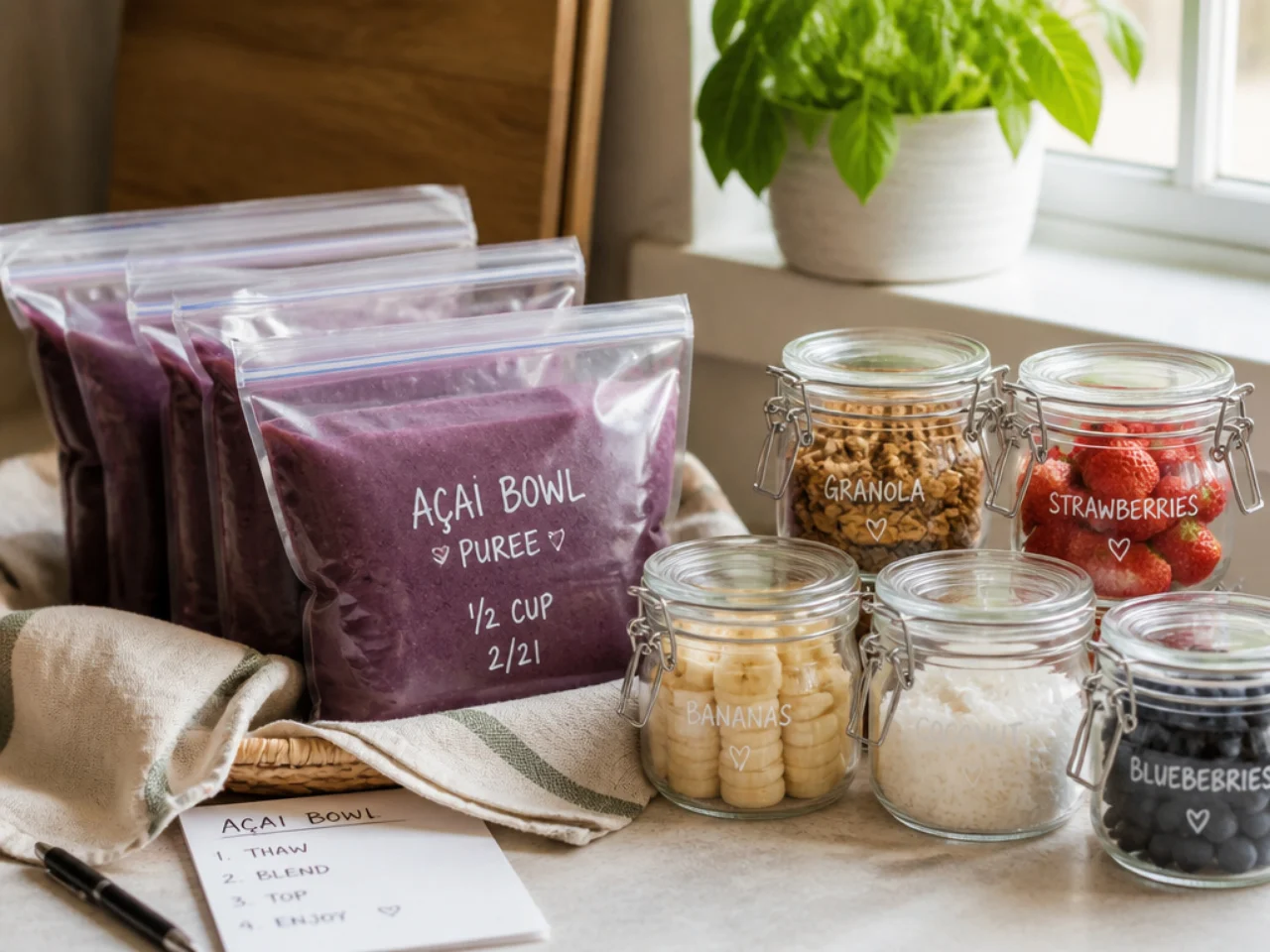 Make-ahead storage of acai bowl in containers