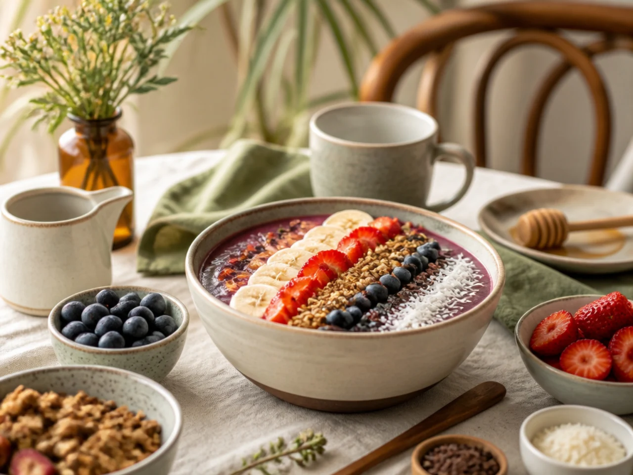 acai bowl served family-style on a cozy table