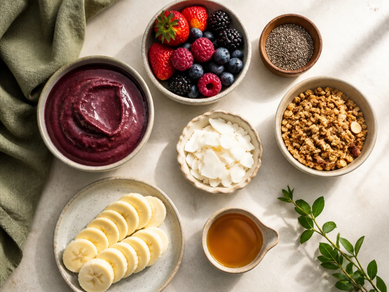 Fresh ingredients for acai bowl arranged in bowls