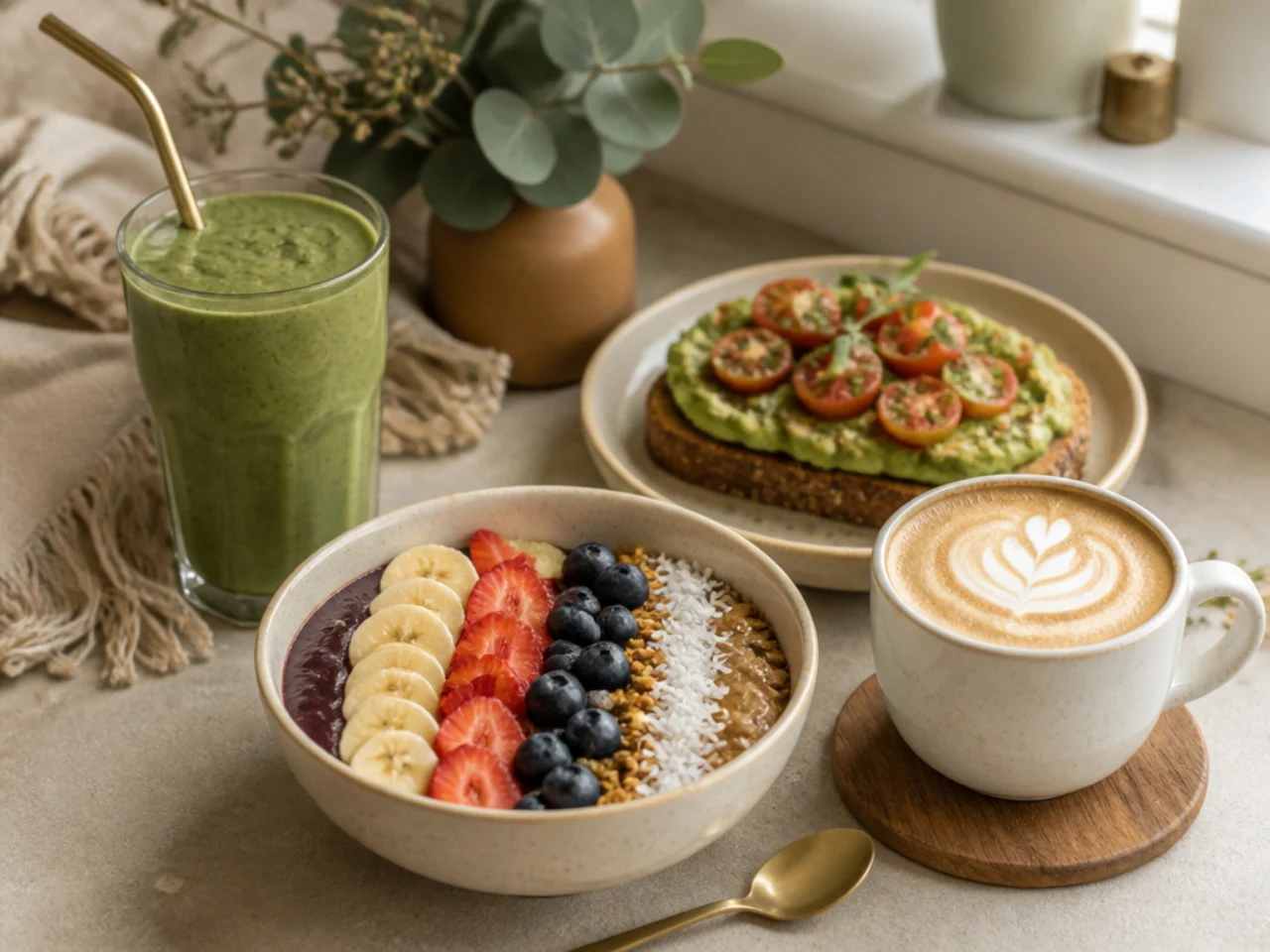acai bowl served with fresh coffee, a green smoothie or whole-grain toast