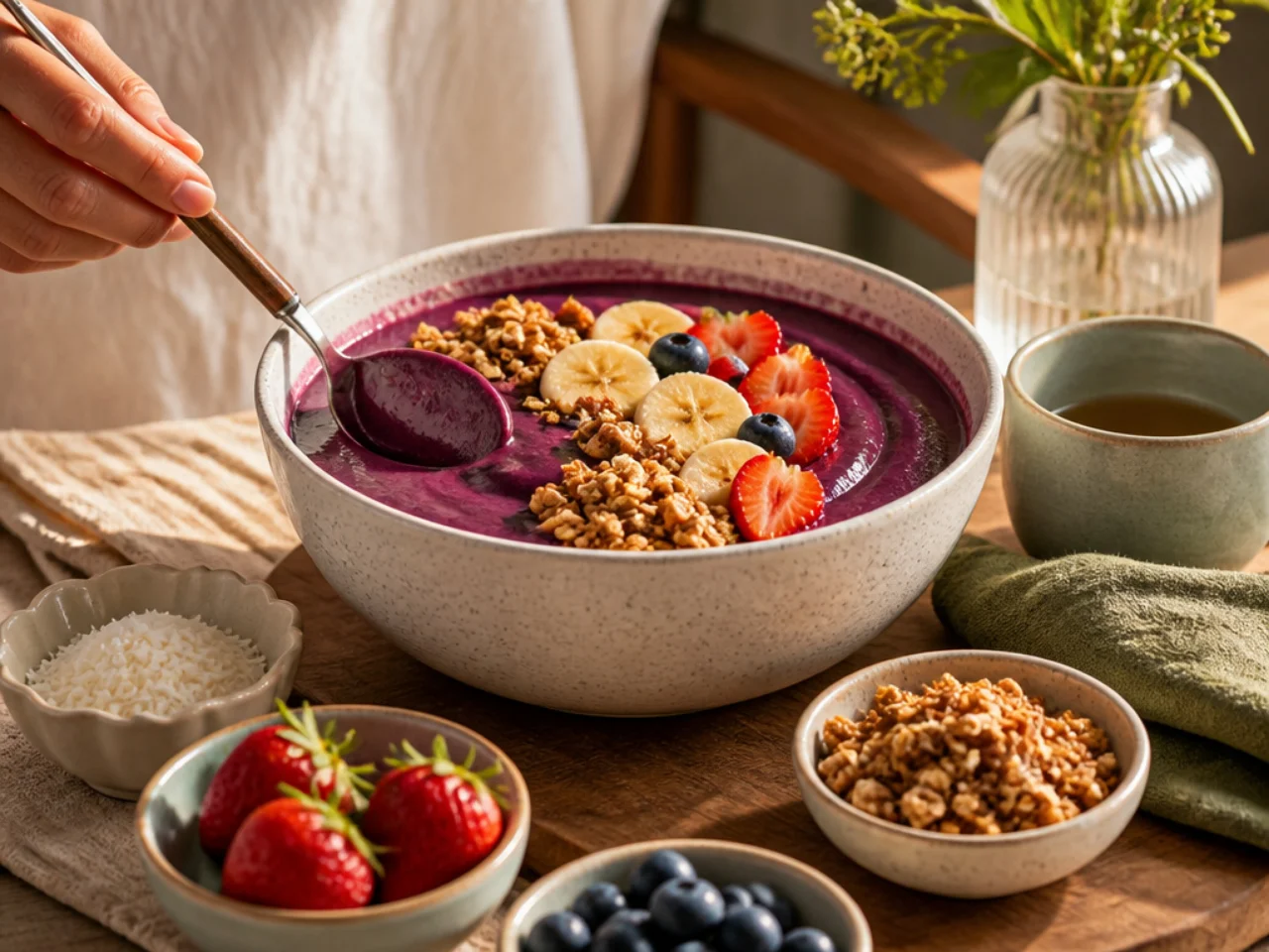 acai bowl served family-style on a cozy table