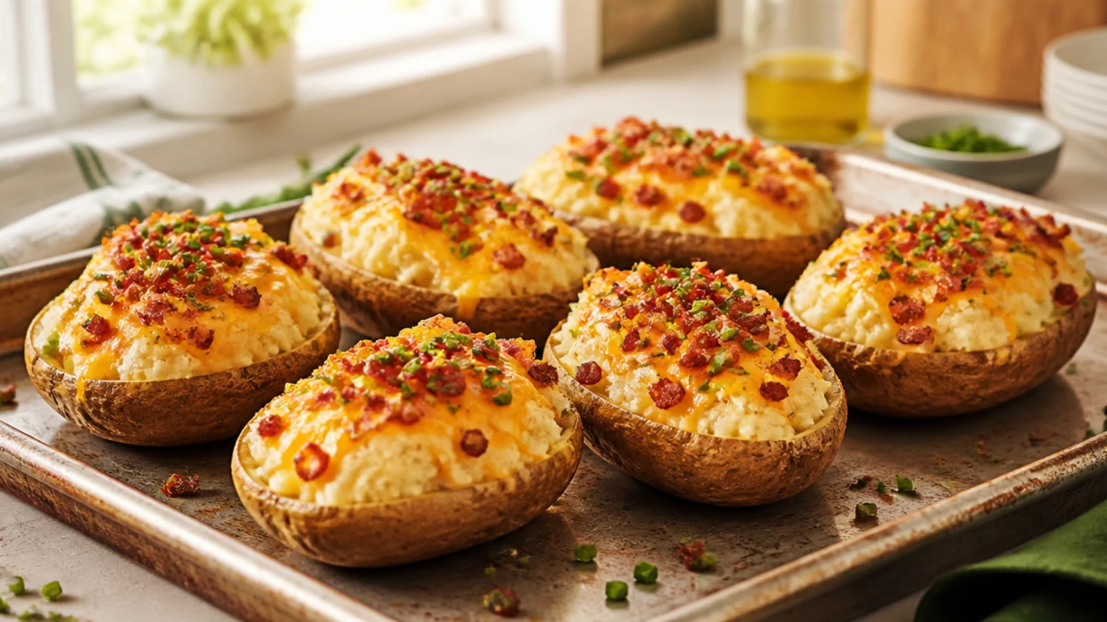 Twice Baked Potato Common Mistakes to Skip — twice baked potatoes plated and ready to serve